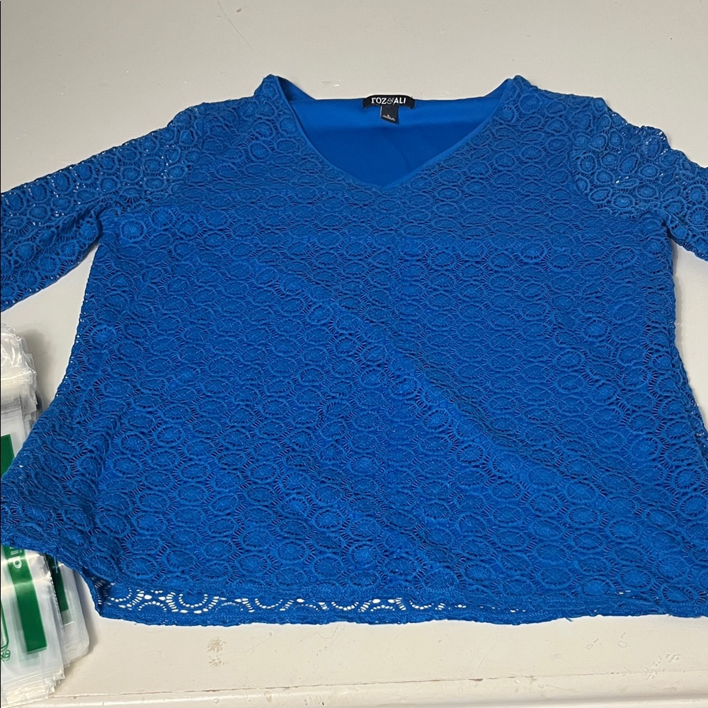 Roz & Ali Large Bell Sleeve Blue Patterned Sheer Layered V Neck Blouse